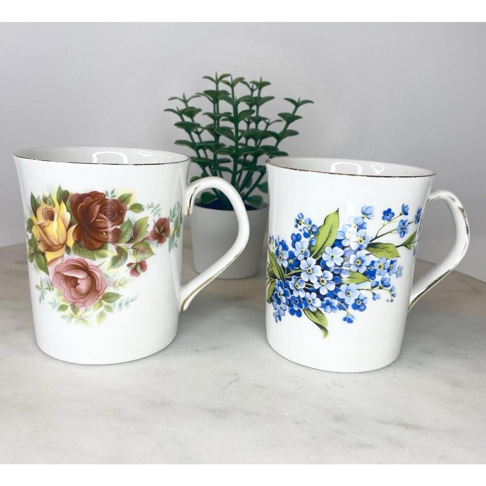 Elizabethan England Fine Bone China Floral Coffee Tea Cups Mugs Gold Rim Roses